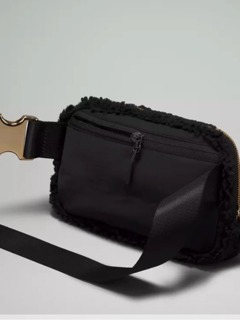 lululemon athletica Black Faux Shearling Belt Bag with Gold Accent